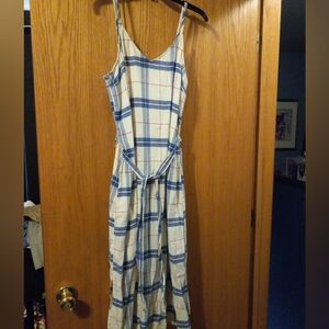 Womens Old Navy Sleeveless Sun Dress Boho Belted Lined Linen Blend Blue Multicol